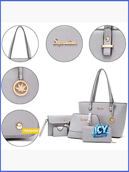 Faux Leather Satchel Purse Set with Top Handle and Adjustable Strap - Picture 4 of 7